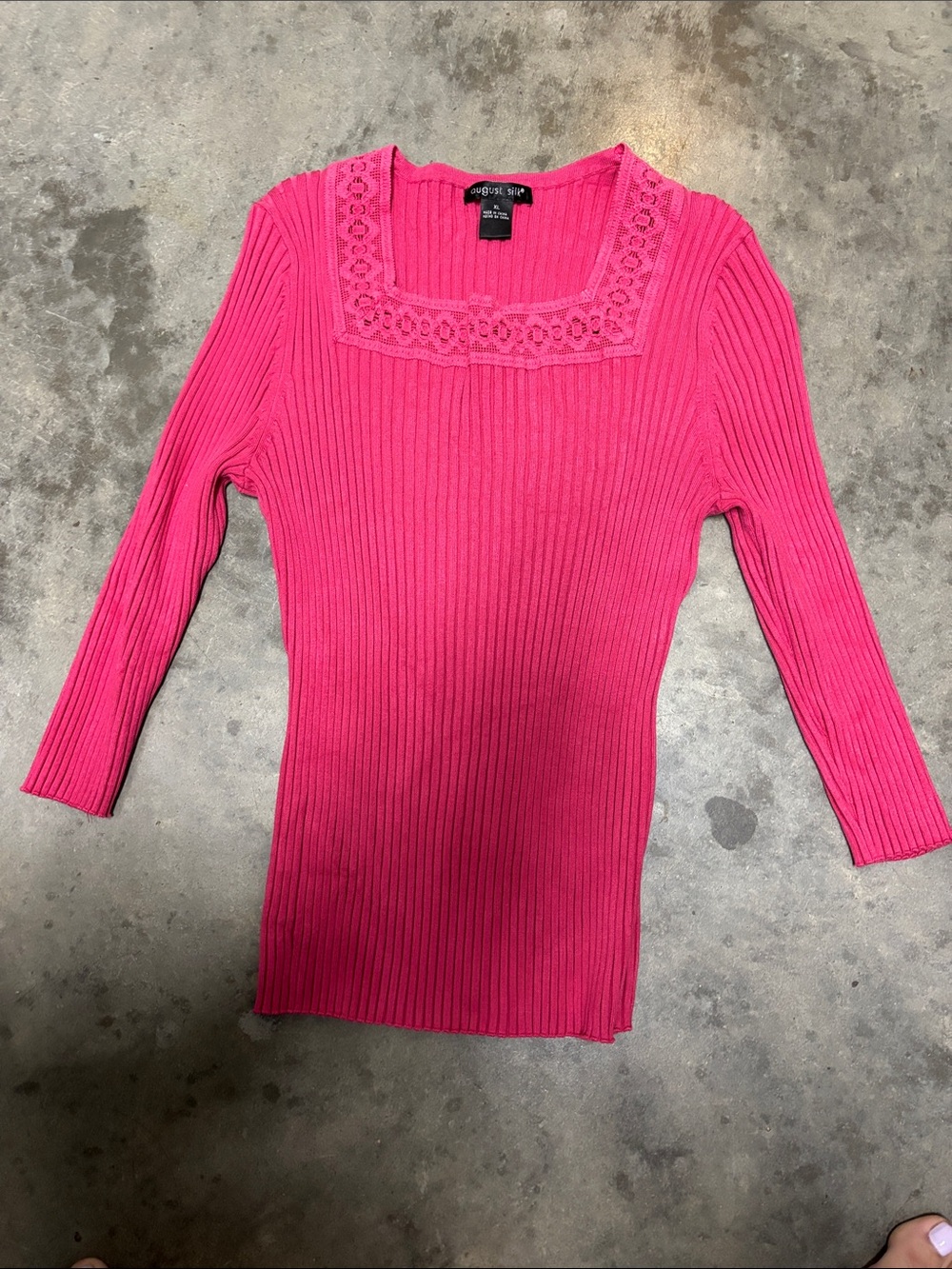 august silk Hot Pink Ribbed Long Sleeve Top with Lace Square Neckline